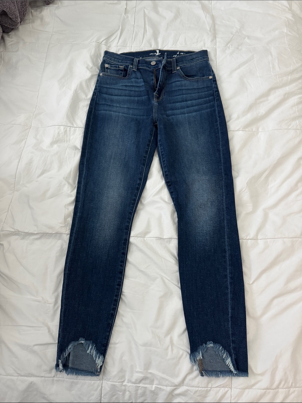 7 For All Mankind Dark Blue High-Rise Jeans with Frayed Ankles